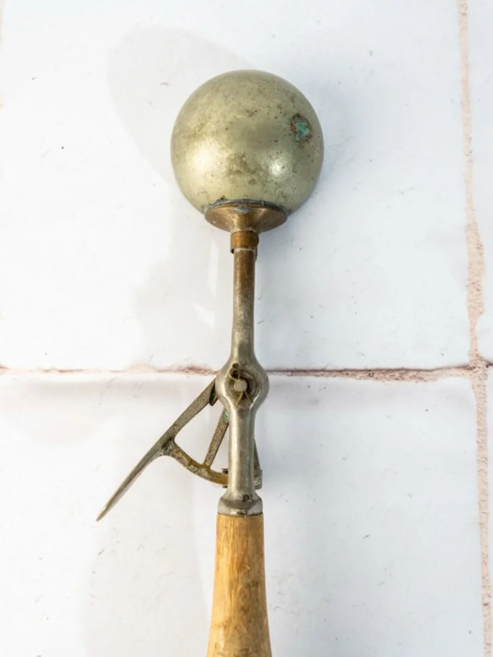 Antique Tarnished Metal with Wood Handel Ice Cream Scoop
